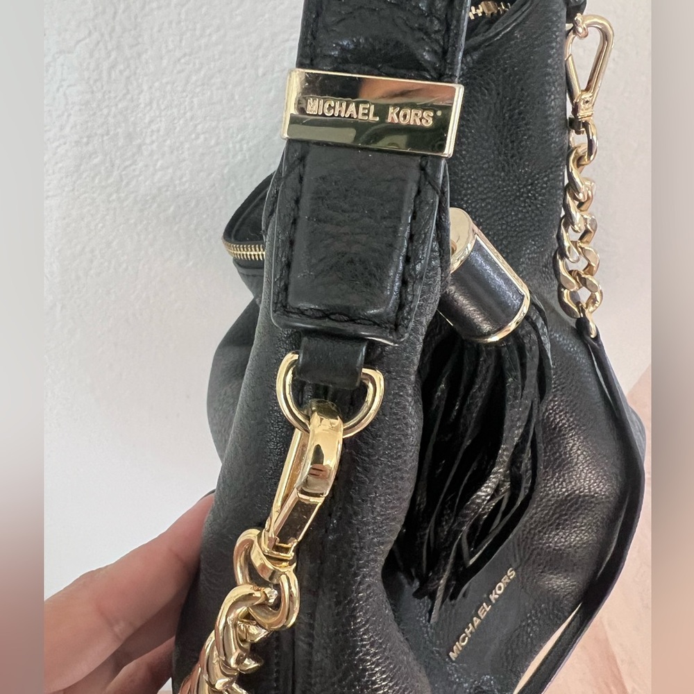 Michael Kors Black Leather Hobo Bag, Gold Chain Detail - Picture 6 of 8